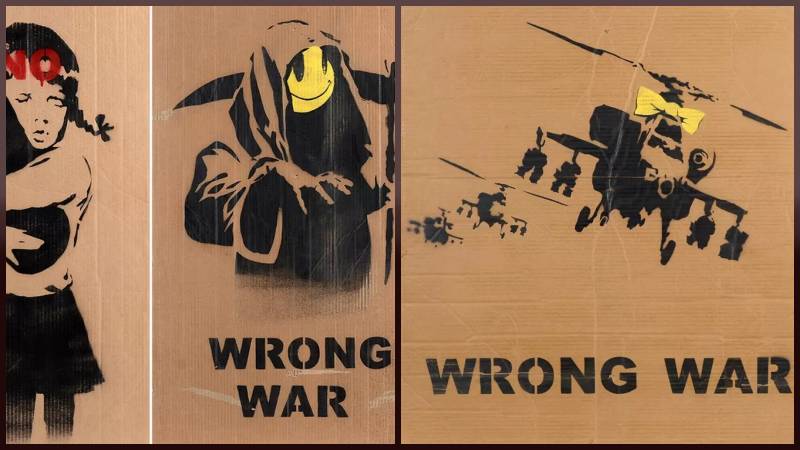 Banksy'nin, Londra'daki Irak işgali tersi mitingde kullanılan üç karton yapıtı en az 2 bin sterline açık artırmaya çıkıyor